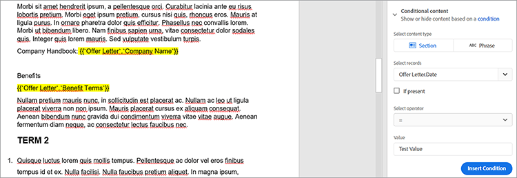 Screenshot of inserting conditional content