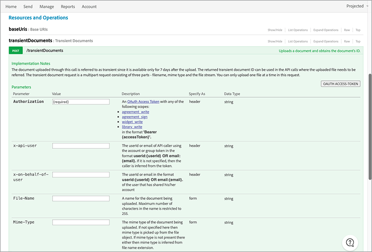 Screenshot of where to select OAUTH ACCESS-TOKEN