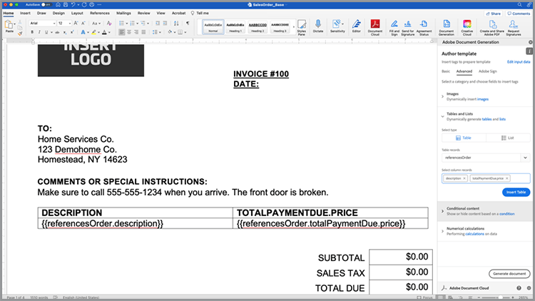 Screenshot of inserting table