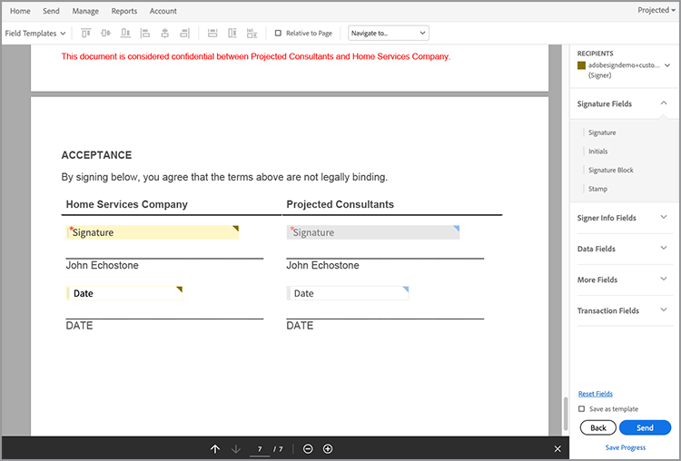 Screenshot of signature fields