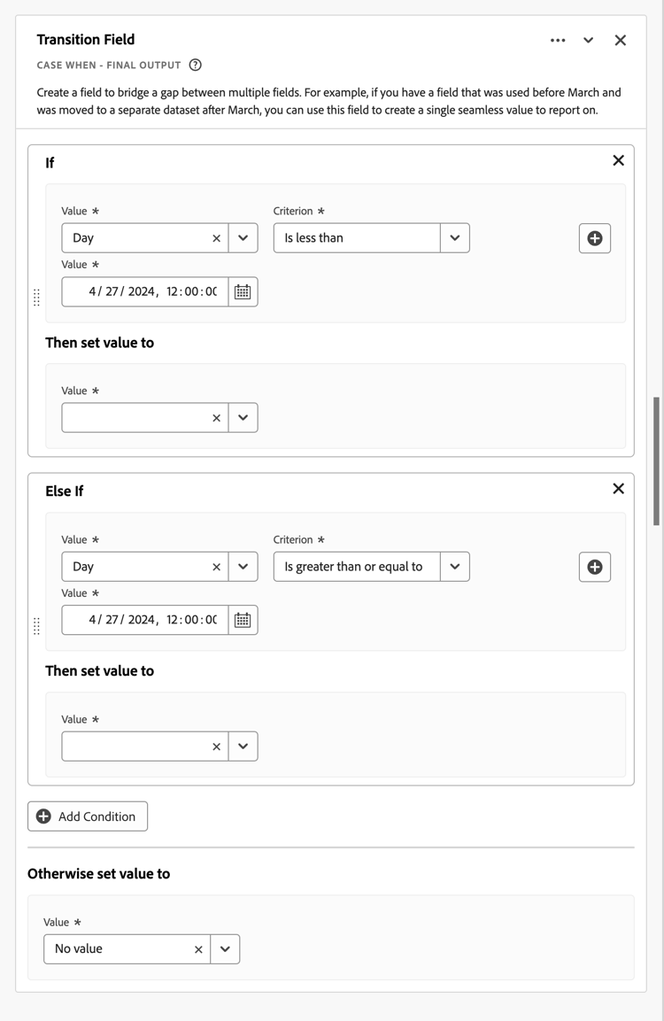 Screenshot of the Transition Field rule builder