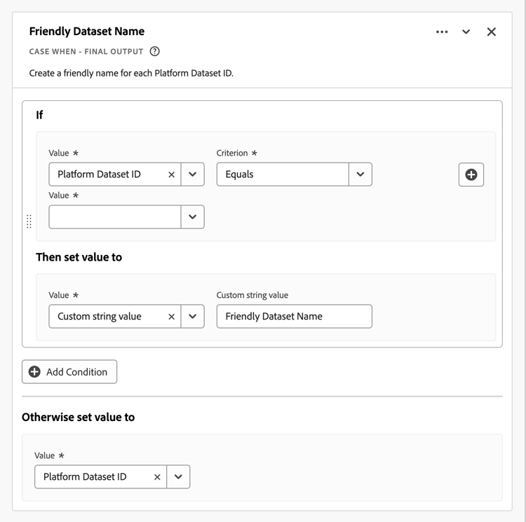 Screenshot of the Friendly Dataset Name rule builder