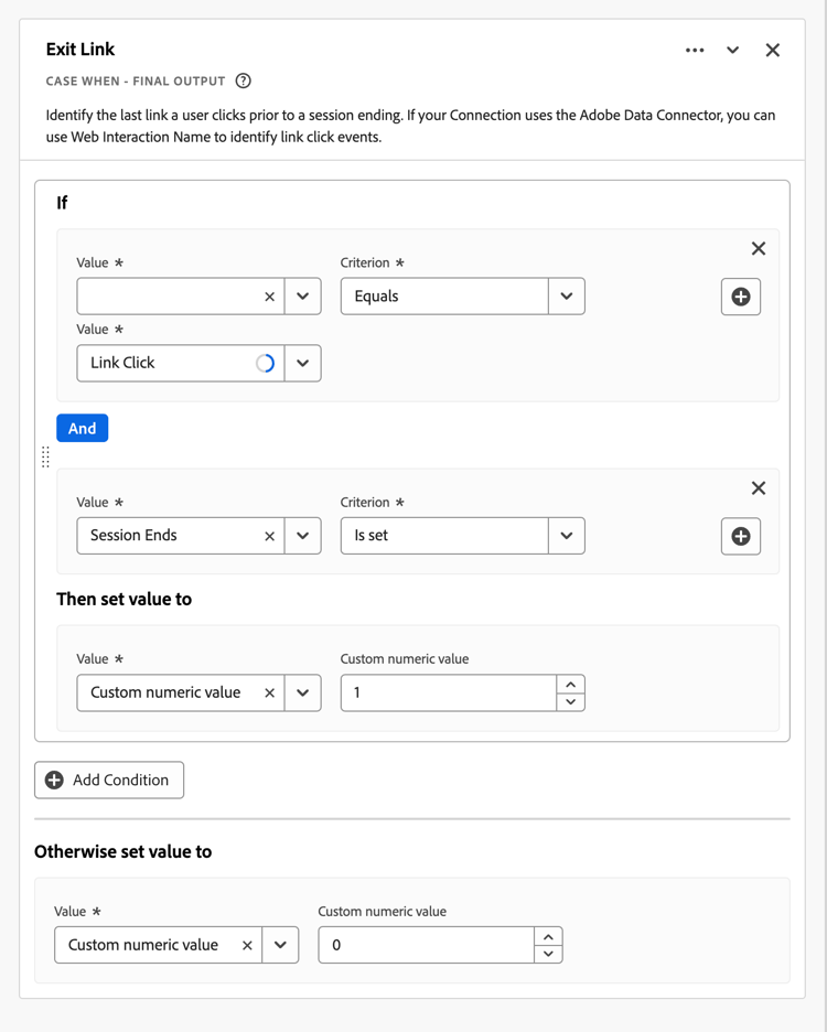 Screenshot of the Exit Link rule builder