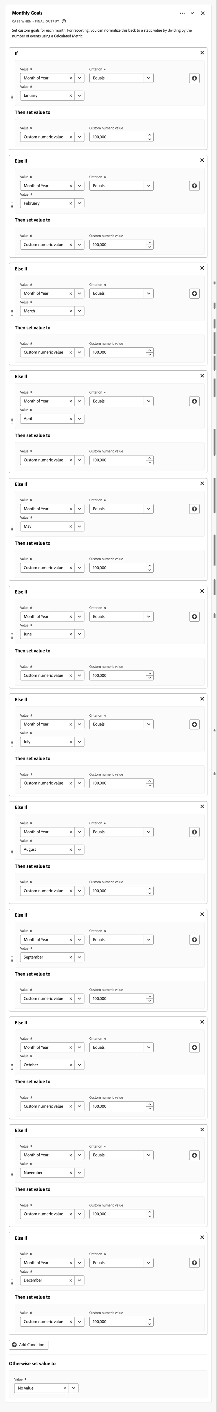 Screenshot of the Monthly Goals rule builder