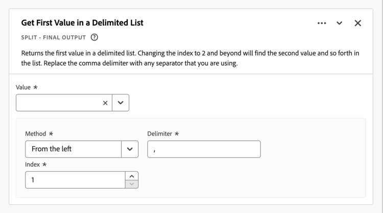 Screenshot of the Get First Value in Delimited List rule builder