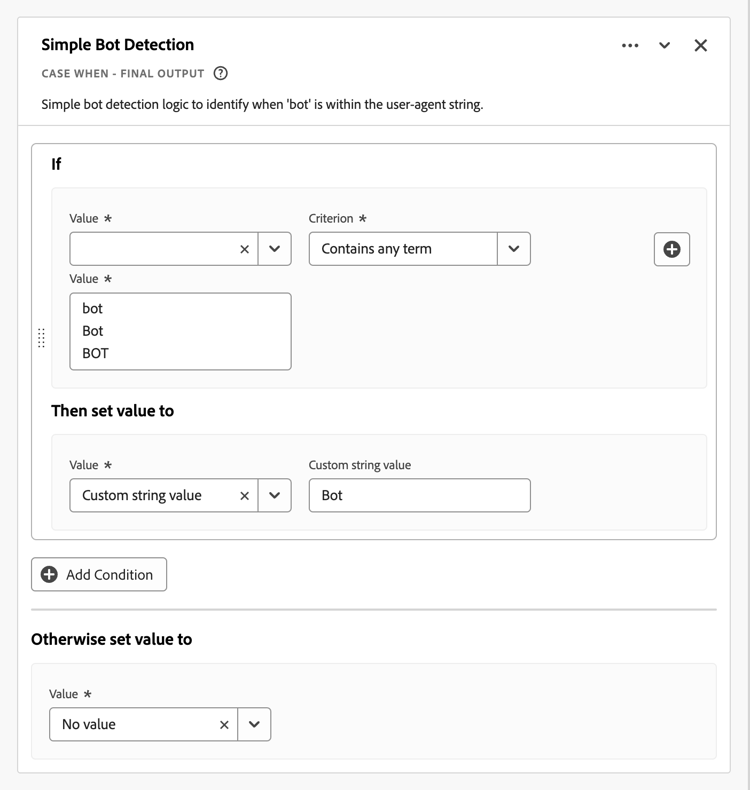 Screenshot of the Simple Bot Detection rule builder