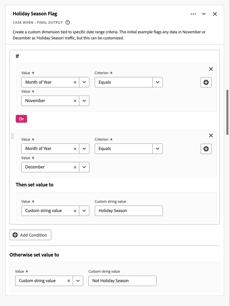 Screenshot of the Holiday Season rule builder