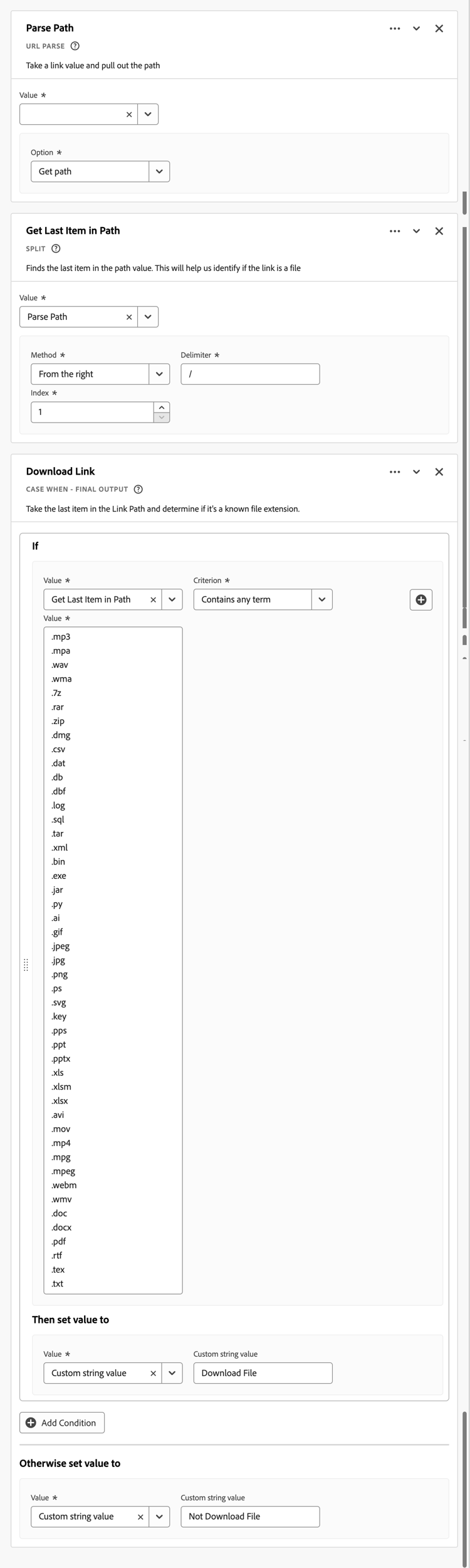 Screenshot of the Download Link rule builder