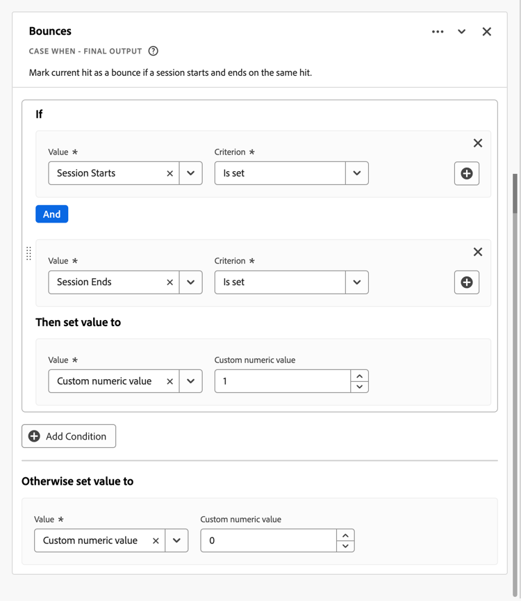 Screenshot of the Bounces rule builder