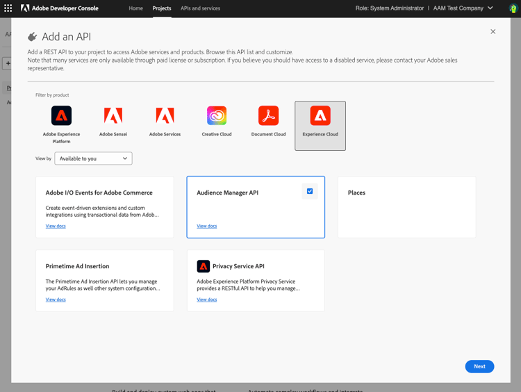 Select Audience Manager API.