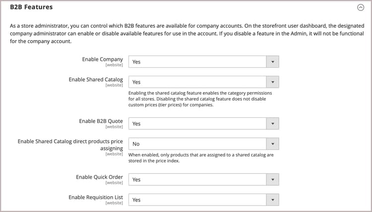 B2B configuration - company features