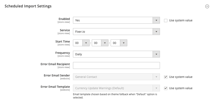 Currency Setup > Scheduled Import Settings