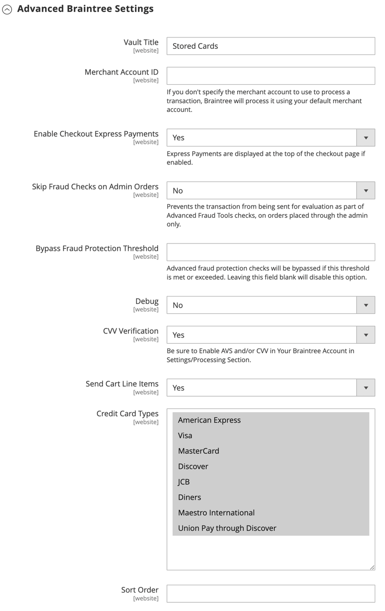 Braintree Advanced Settings