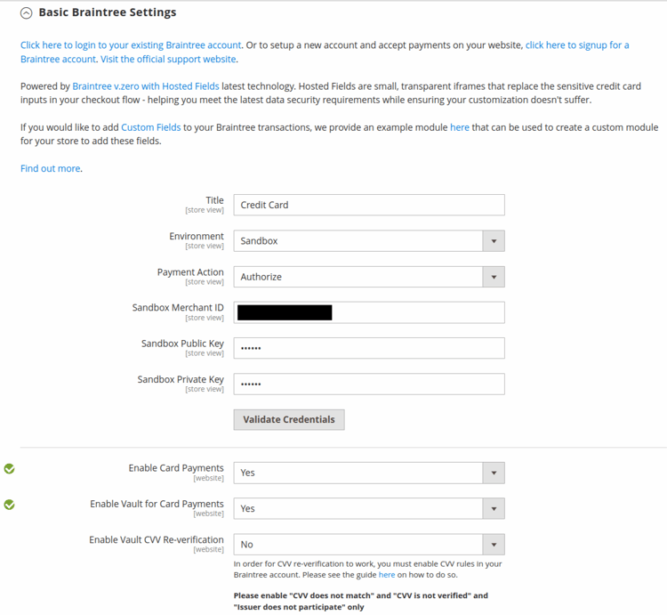 Basic Braintree Settings