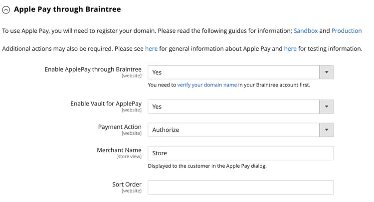 ApplePay through Braintree settings