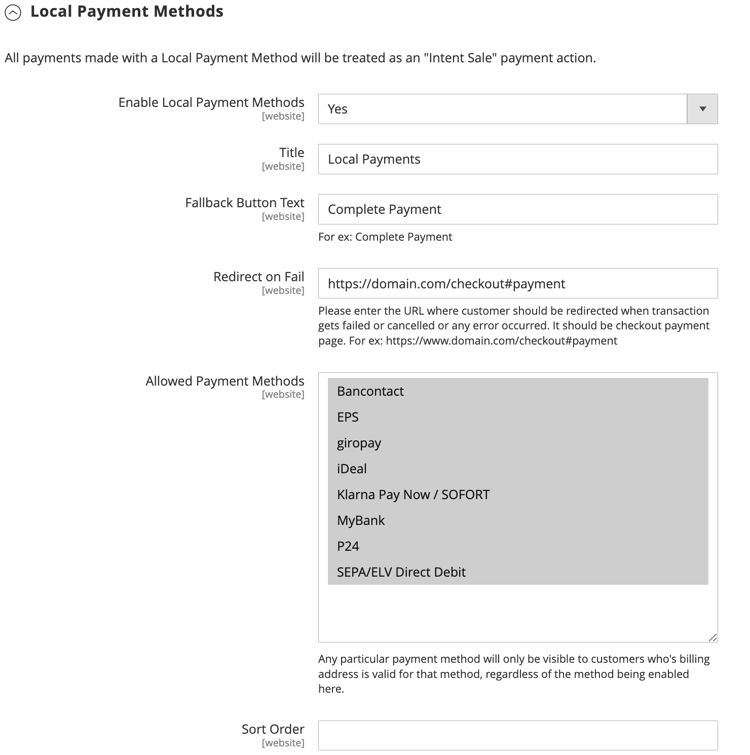 Local Payment Methods settings