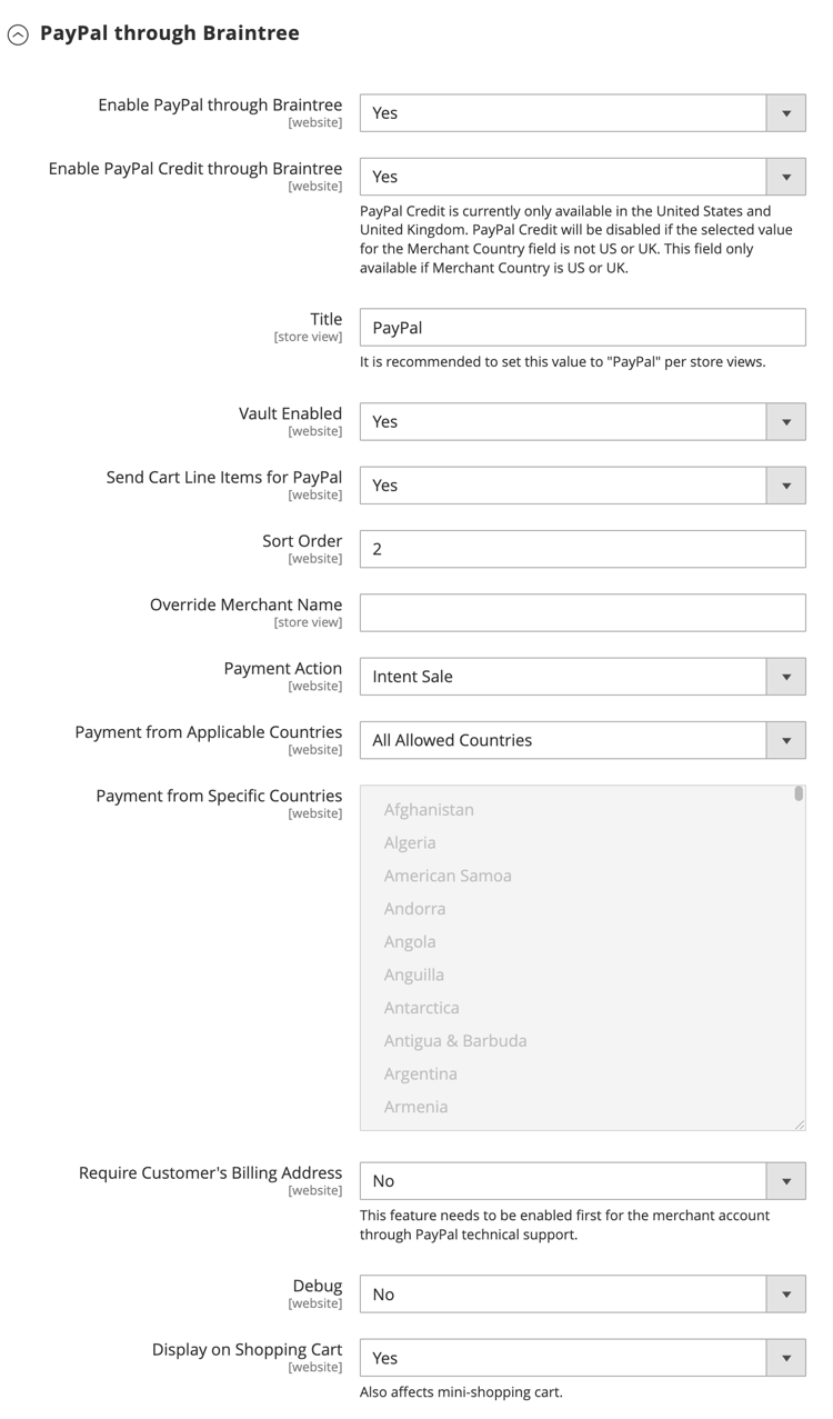 PayPal through Braintree Settings