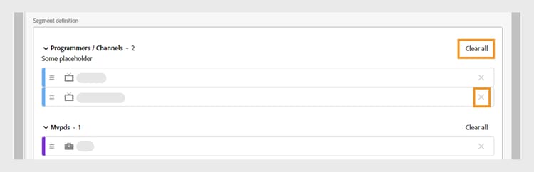 Clear all segment components in each section under segment definition