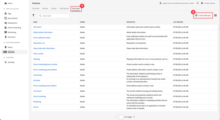 Selecting data type menu