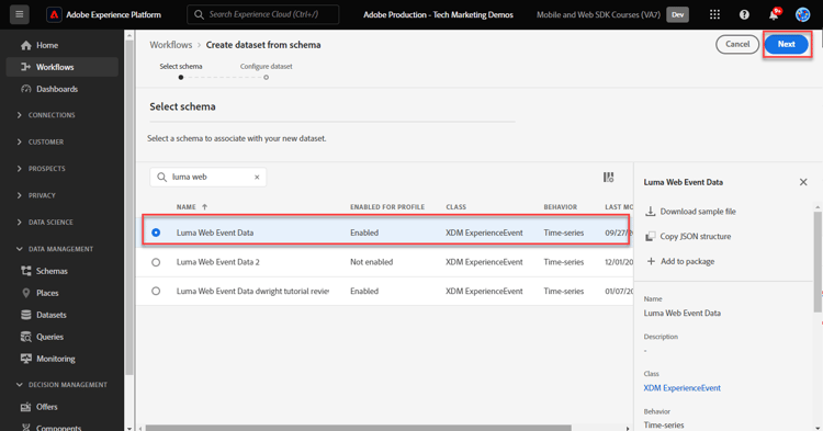 Dataset, select schema