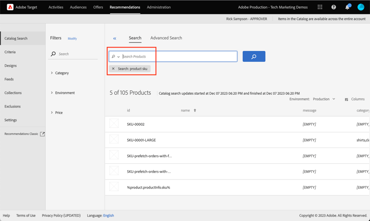 Validate in Target catalog search