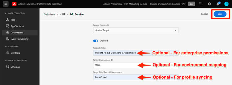 Target datastream configuration