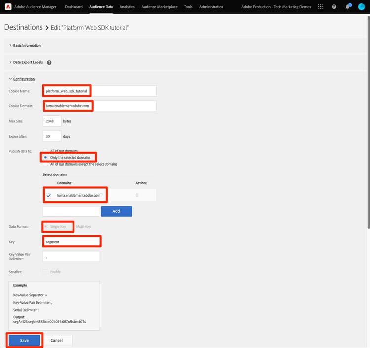 Audience Manager Destination Configuration section