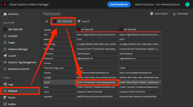 Network call in the Adobe Experience Platform debugger