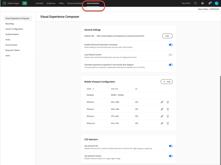 Adobe Target Administration menu